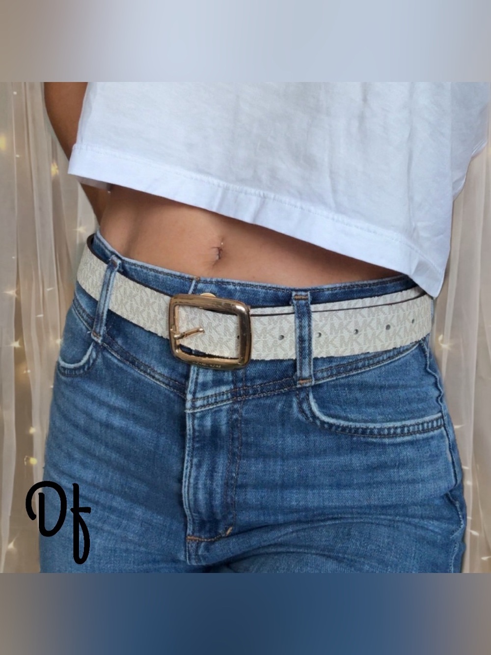 Reversible MK Womens Monogram Leather Belt with Gold Buckle